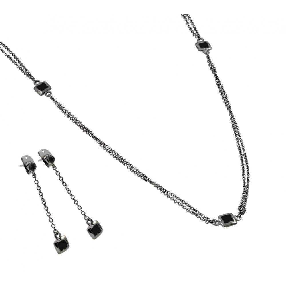 Silver 925 Oxidized Rhodium Plated Black Multi Faceted CZ Dangling Set - BGS00425BLK