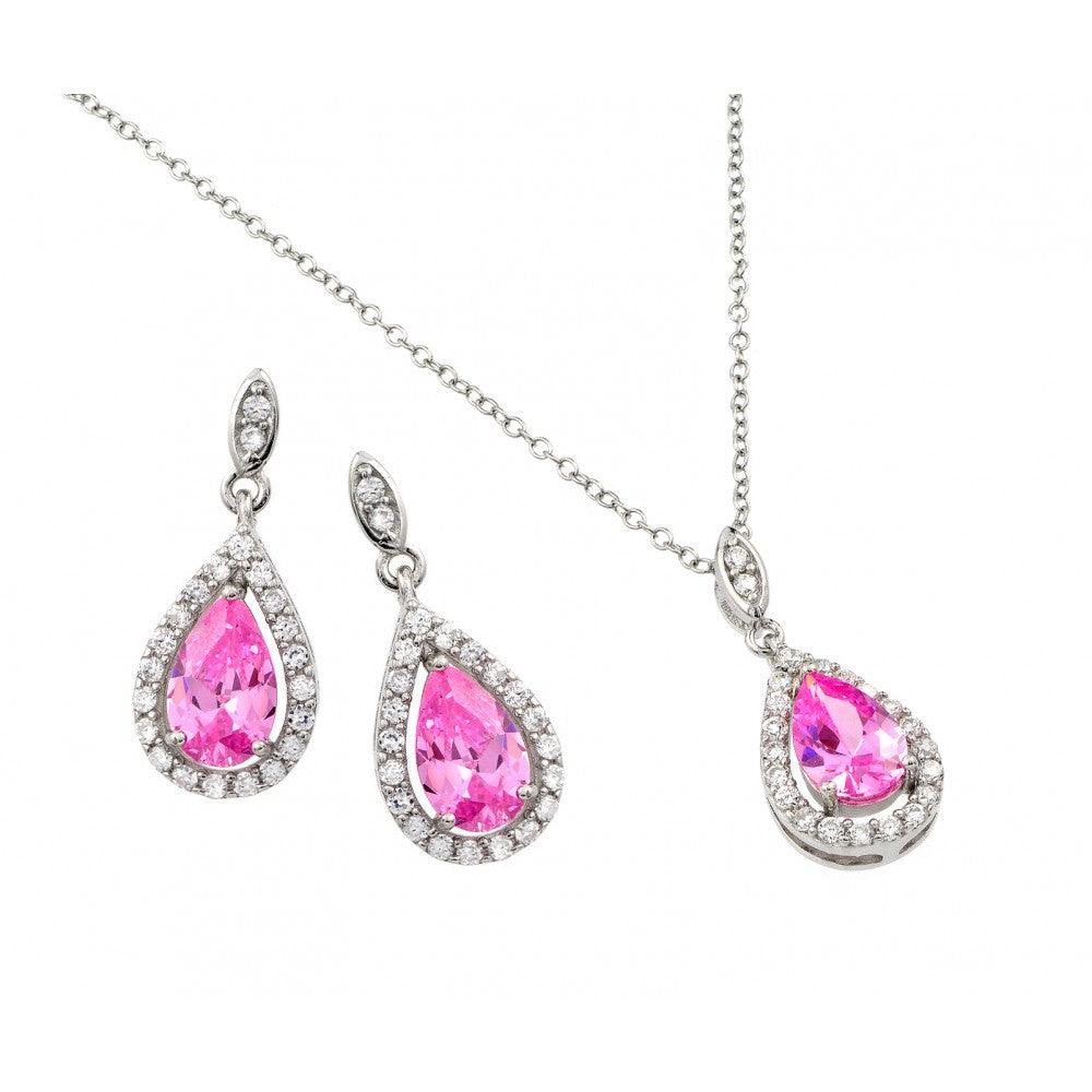 Silver 925 Rhodium Plated Clear Cluster Pink Teardrop CZ Dangling Stud Earring and Dangling Necklace Set - BGS00427