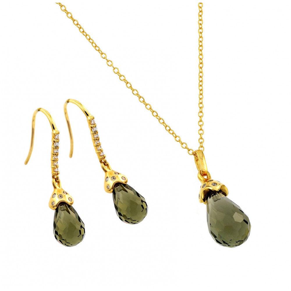 Silver 925 Gold Plated Green Teardrop CZ Hook Earring and Necklace Set - BGS00428