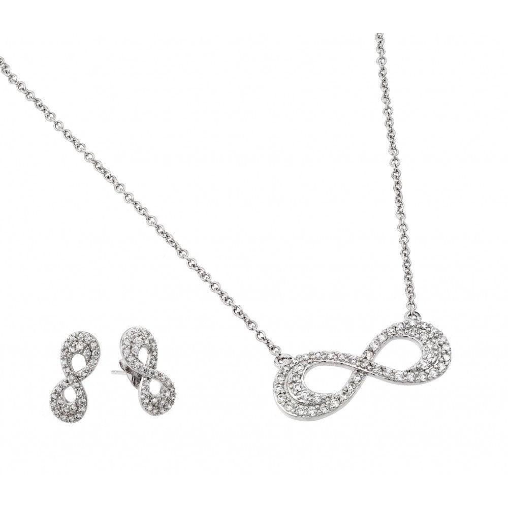 Silver 925 Rhodium Plated Clear Inlay Double Line Infinity CZ Stud Earring and Necklace Set - BGS00430