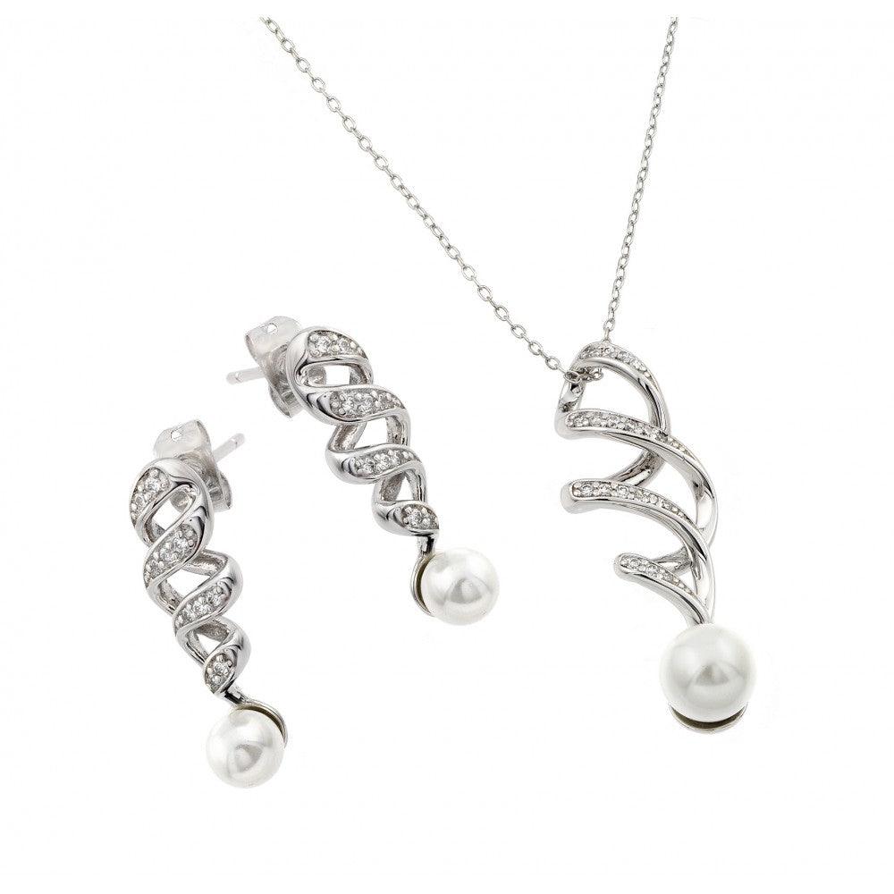 Rhodium Plated 925 Sterling Silver Pearl Drop Clear Inlay Twist CZ Dangling Set - BGS00431WHT