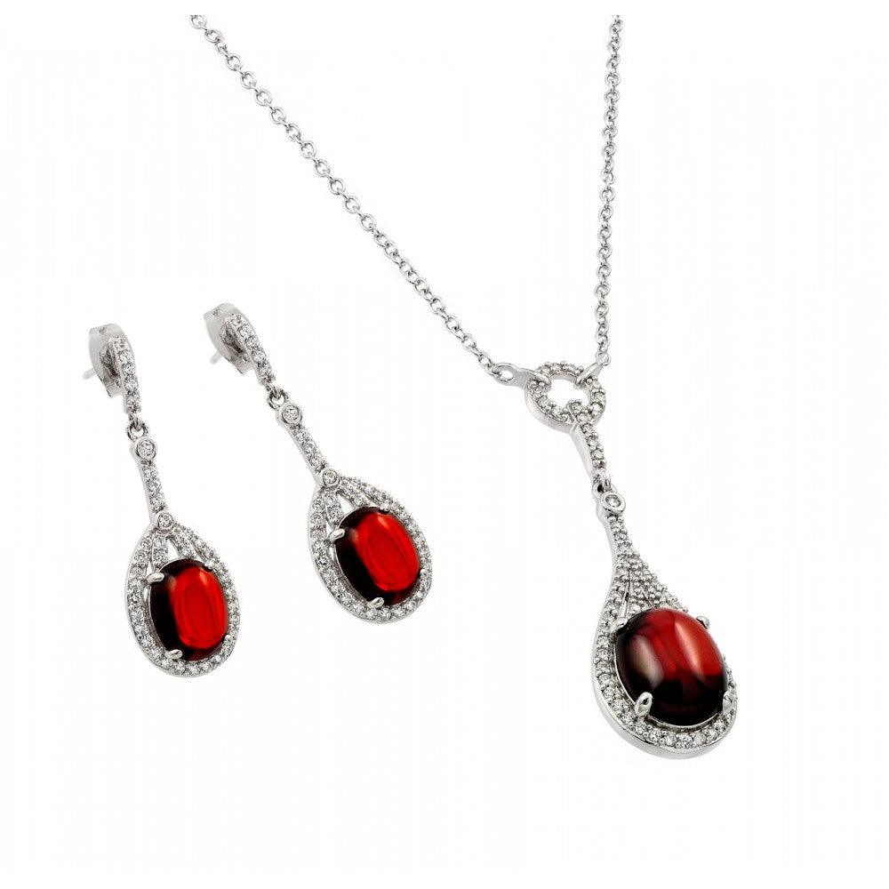 Silver 925 Rhodium Plated Pear Shaped Clear and Red CZ Dangling Stud Earring and Dangling Necklace Set - BGS00434