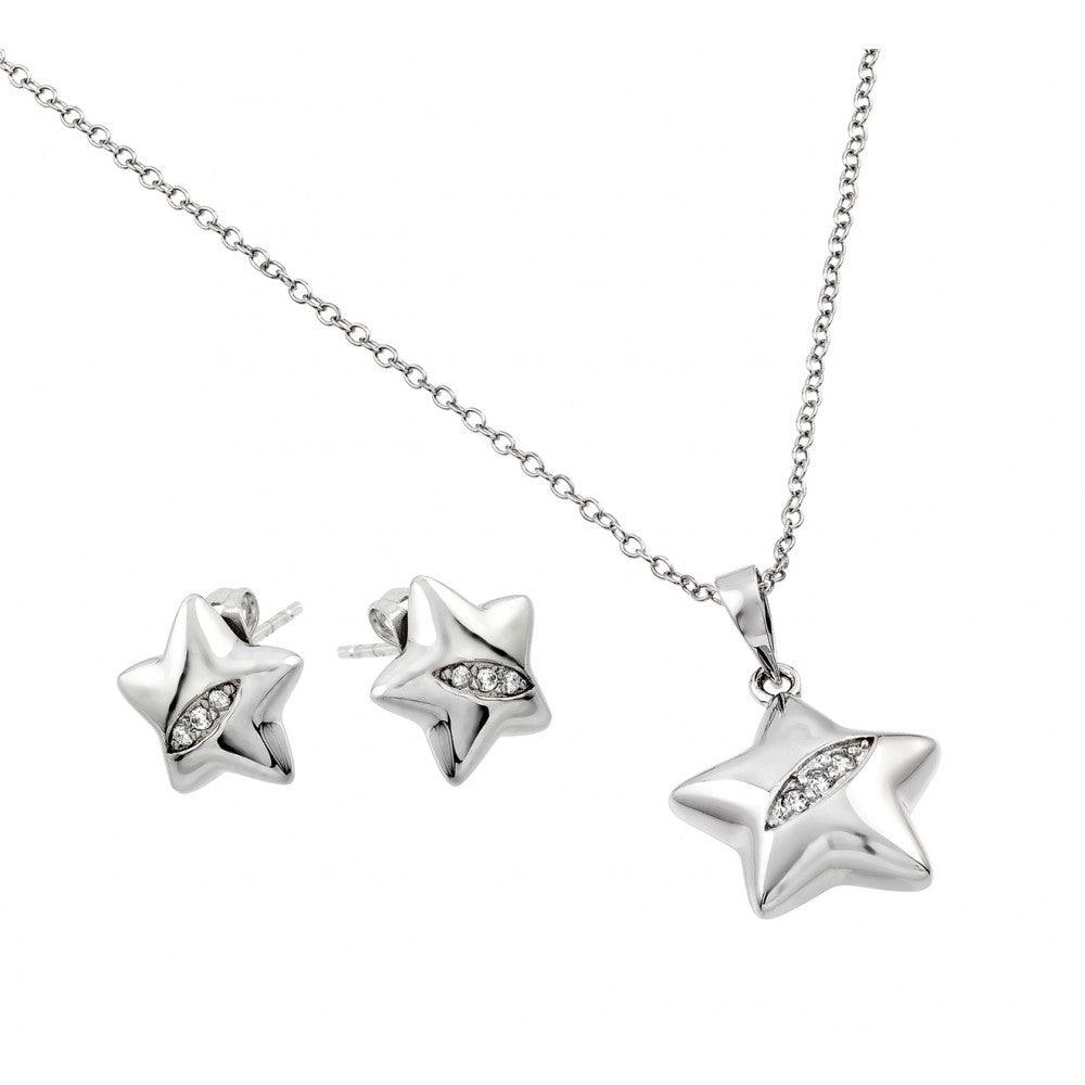 Silver 925 Rhodium Plated Clear Star Slash CZ Stud Earring and Necklace Set - BGS00436