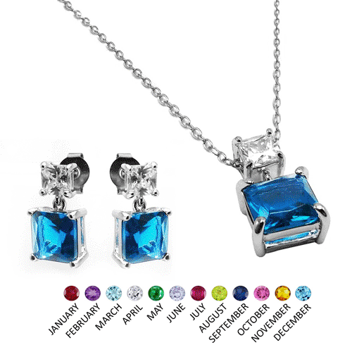 Rhodium Plated 925 Sterling Silver Square Birthstone CZ Hanging Set  - BGS00439