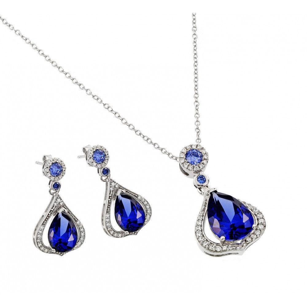 Silver 925 Rhodium Plated Clear and Blue Teardrop CZ Dangling Stud Earring and Dangling Necklace Set - BGS00440