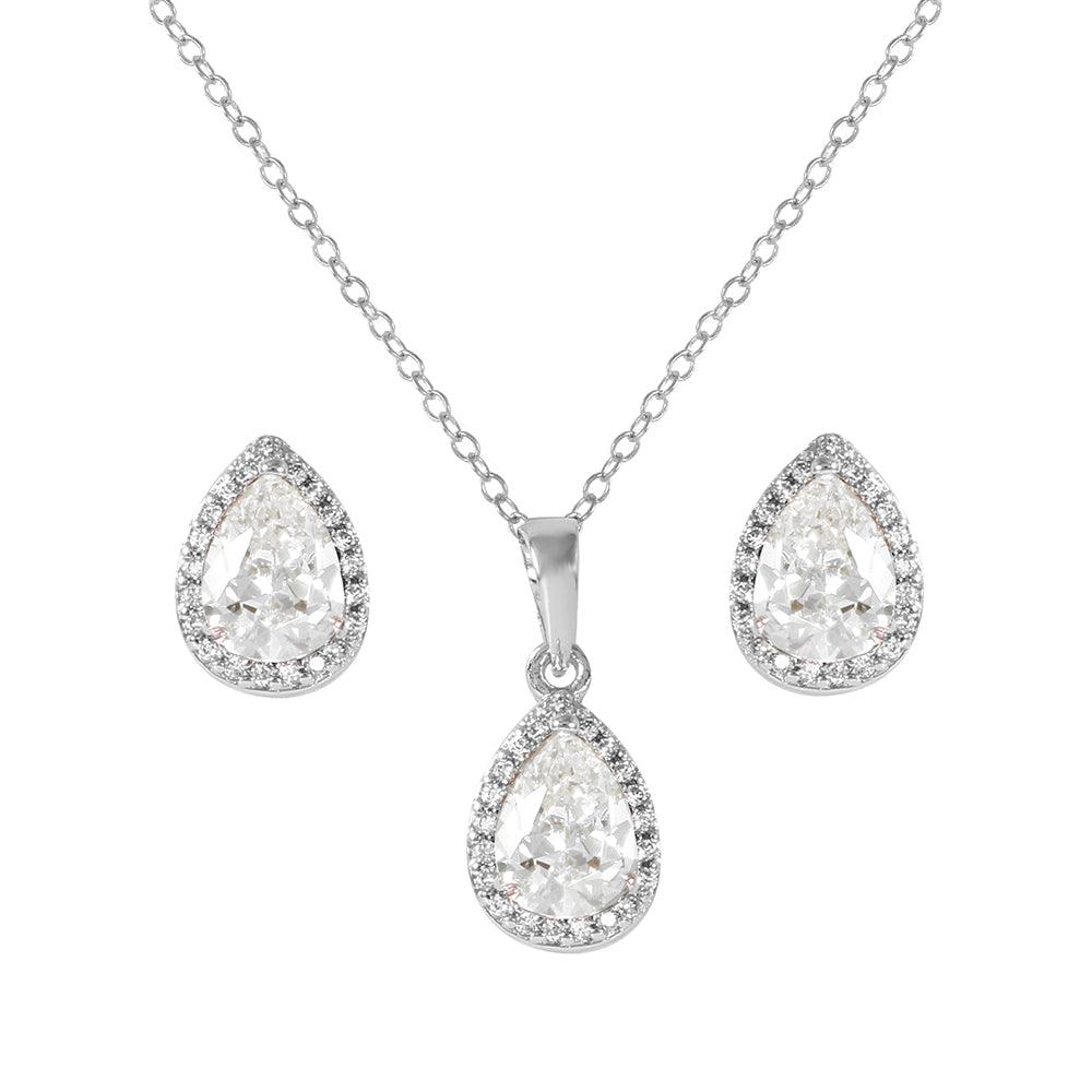 Rhodium Plated 925 Sterling Silver Pear Birthstone Set - BGS00441