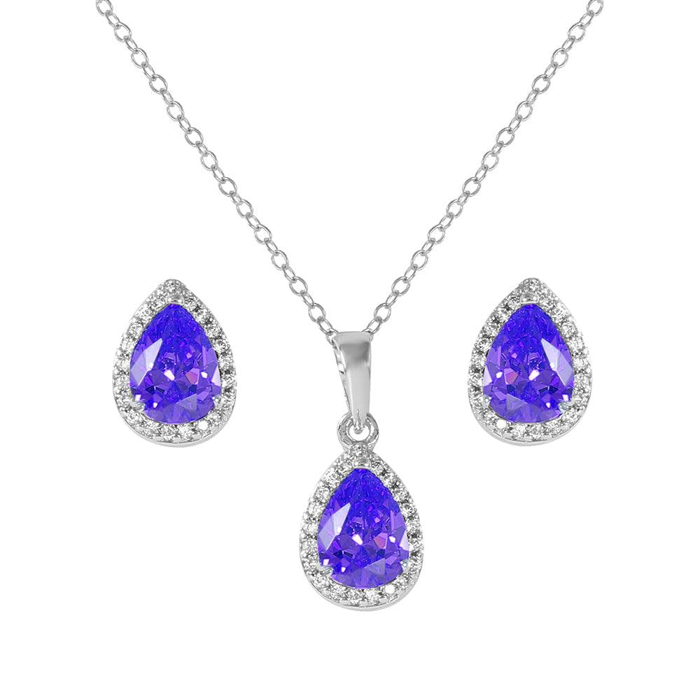 Rhodium Plated 925 Sterling Silver Pear Birthstone Set - BGS00441