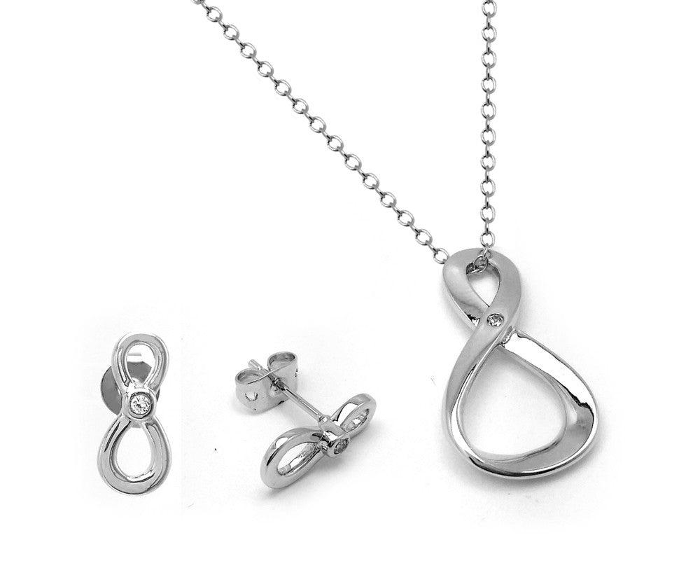 Silver 925 Rhodium Plated Figure 8 Infinity Single Set Clear CZ Stud Earring and Necklace Set - BGS00442