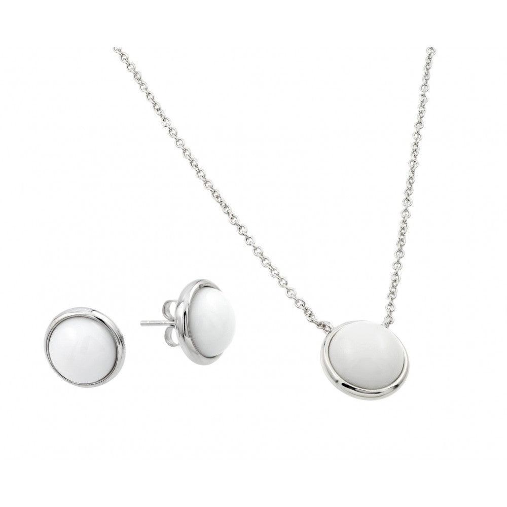 Silver 925 Rhodium Plated White Round Stone Stud Earring and Necklace Set - BGS00443