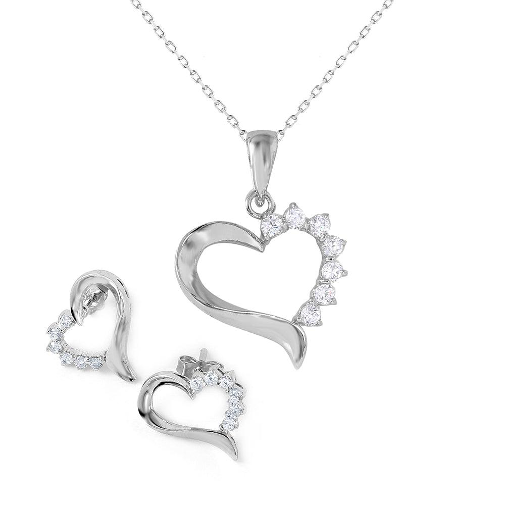 Silver 925 Rhodium Plated Heart CZ Set - BGS00445