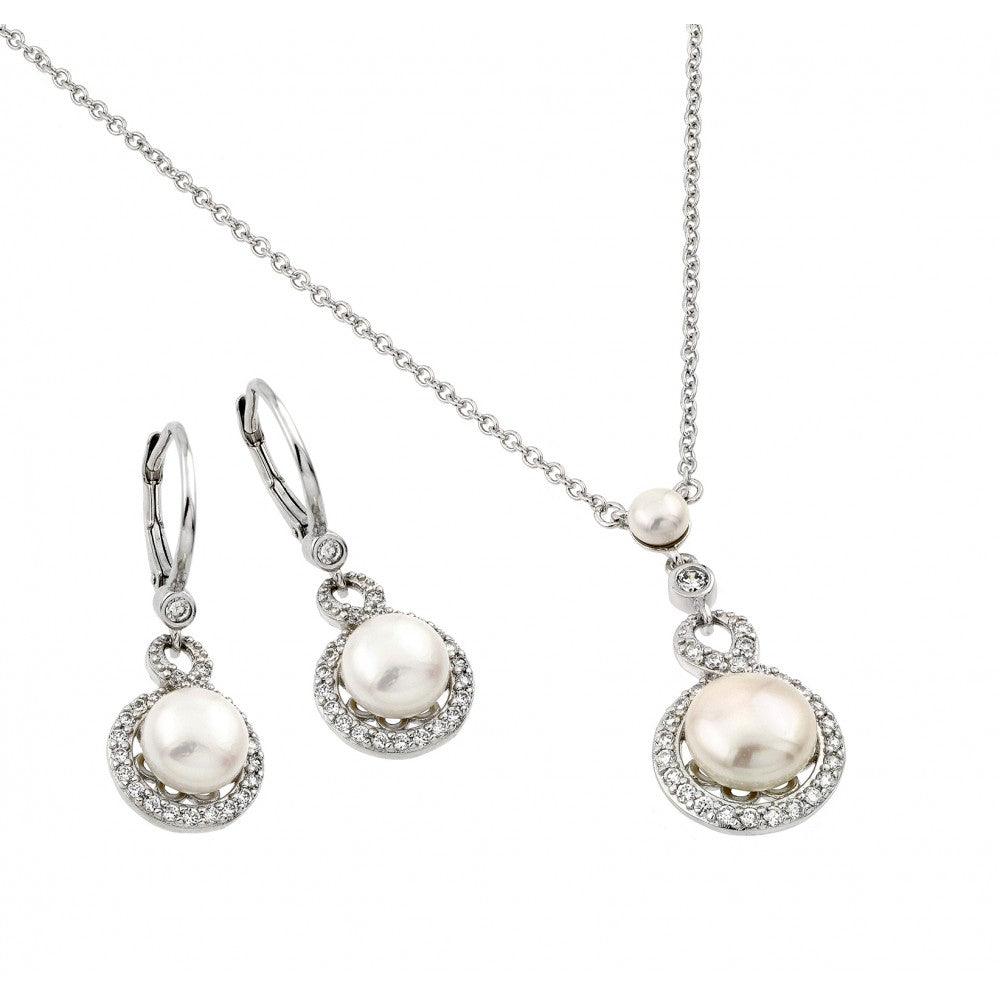 Silver 925 Rhodium Plated Halo Fresh Water Pearl Center Leverback Earring Necklace Set - BGS00446