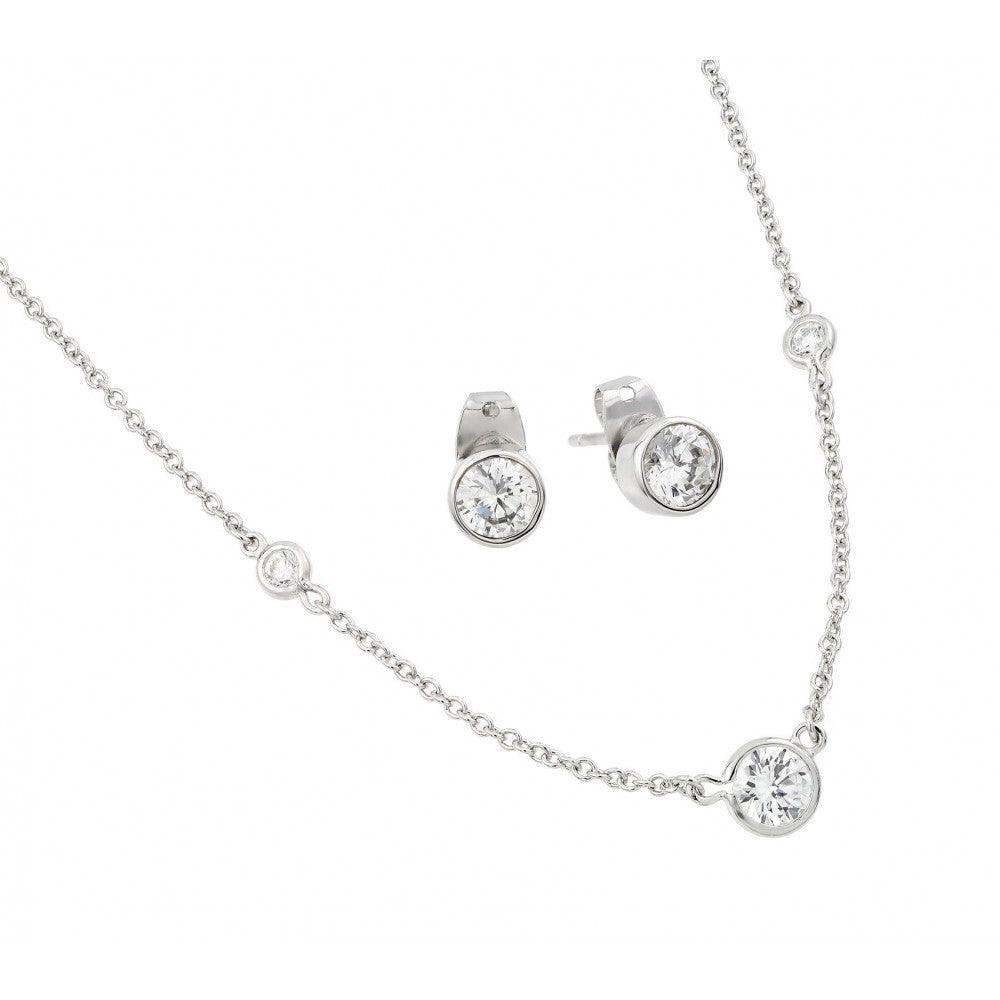 Silver 925 Rhodium Plated Clear Individual CZ Stud Earring and Chain Necklace Set - BGS00449