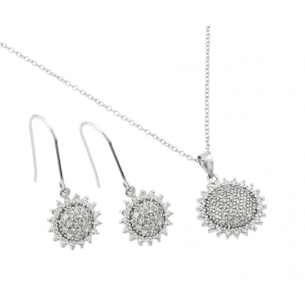 Silver 925 Rhodium Plated Clear Pave Set Sun CZ Hook Earring and Necklace Set - BGS00450
