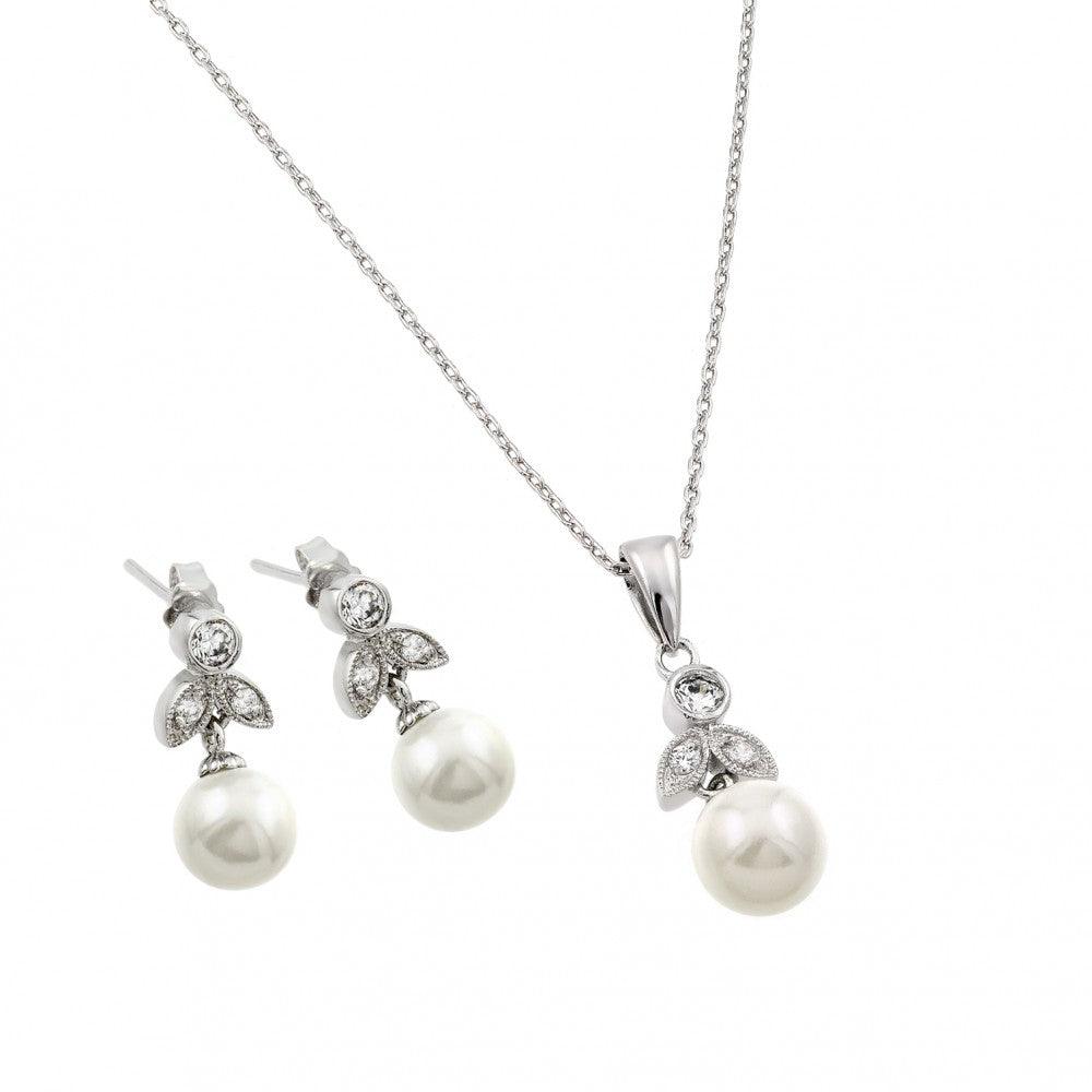 Silver 925 Rhodium Plated Pearl Flower Set - BGS00452