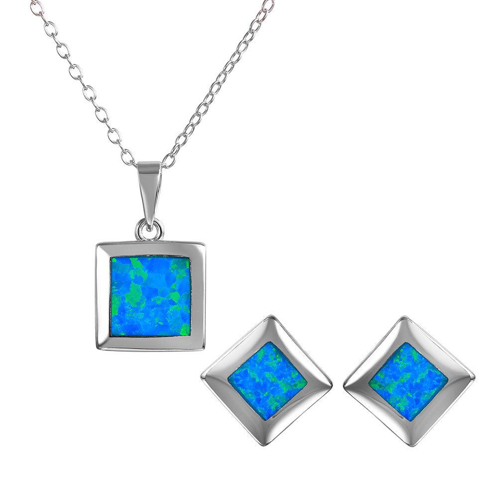 Silver 925 Square Blue Synthetic Opal Set - BGS00468