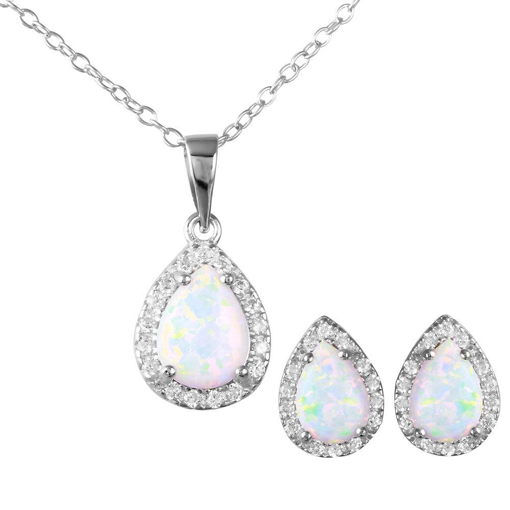 Silver 925 Rhodium Plated Pear Opal Clear CZ Set - BGS00471