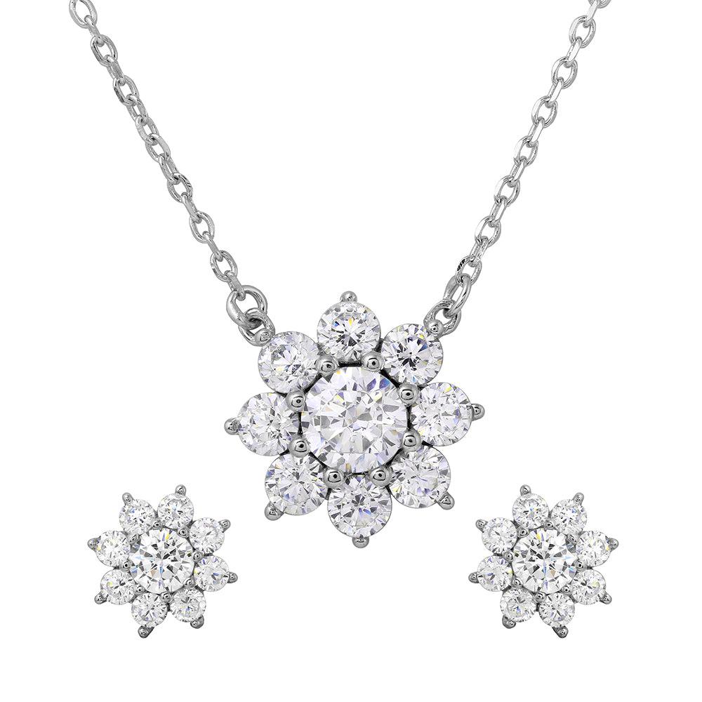 Silver 925 Rhodium Plated Snow Flakes CZ Earrings and Necklace Set - BGS00474