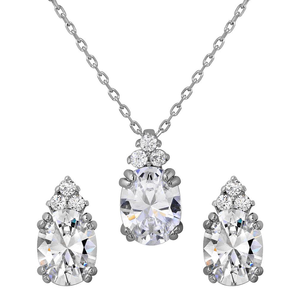 Silver 925 Rhodium Plated Oval CZ Earrings and Necklace Set - BGS00475