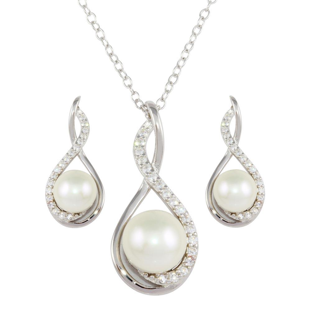 Rhodium Plated 925 Sterling Silver Teardrop Necklace and Earring Set with Synthetic Pearl and CZ - BGS00476