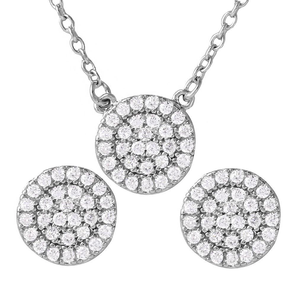 Silver 925 Rhodium Plated CZ Encrusted Round Earrings and Necklace Set - BGS00477