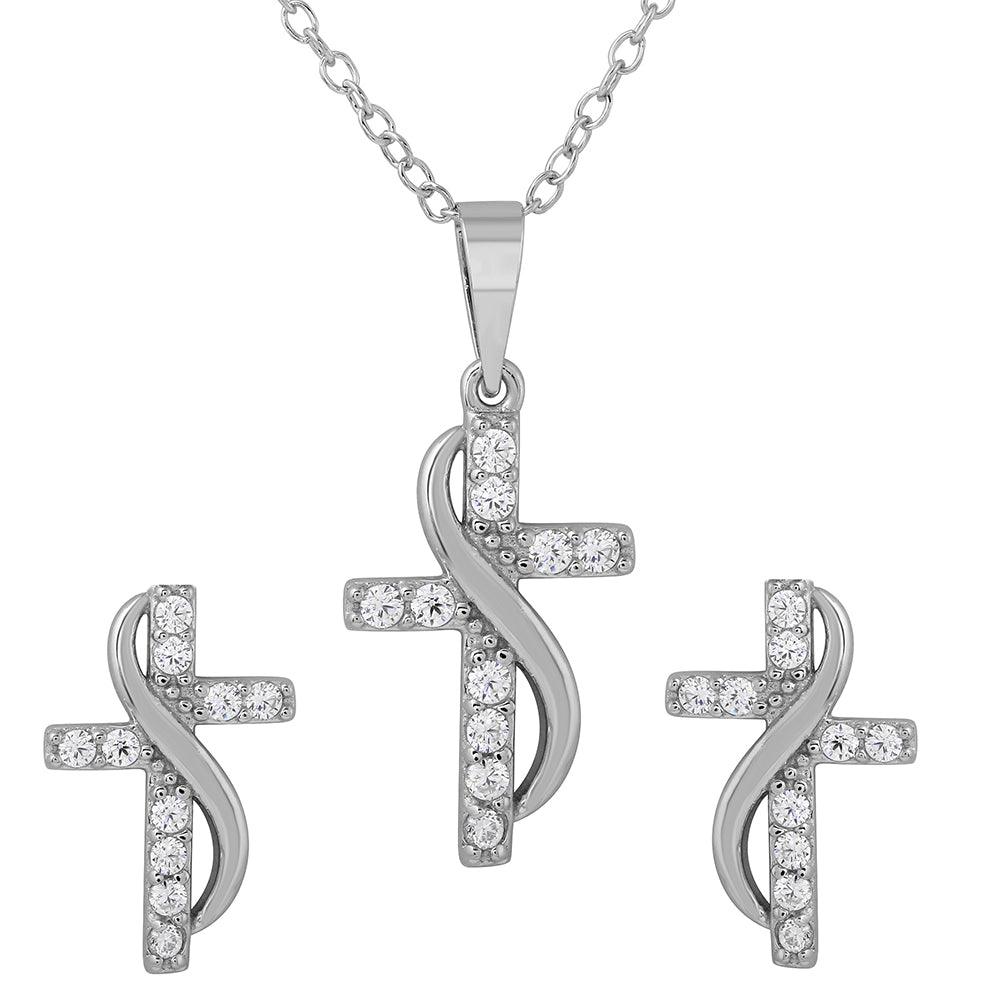 Silver 925 Rhodium Plated CZ Cross With Sash Earrings And Necklace Set - BGS00482