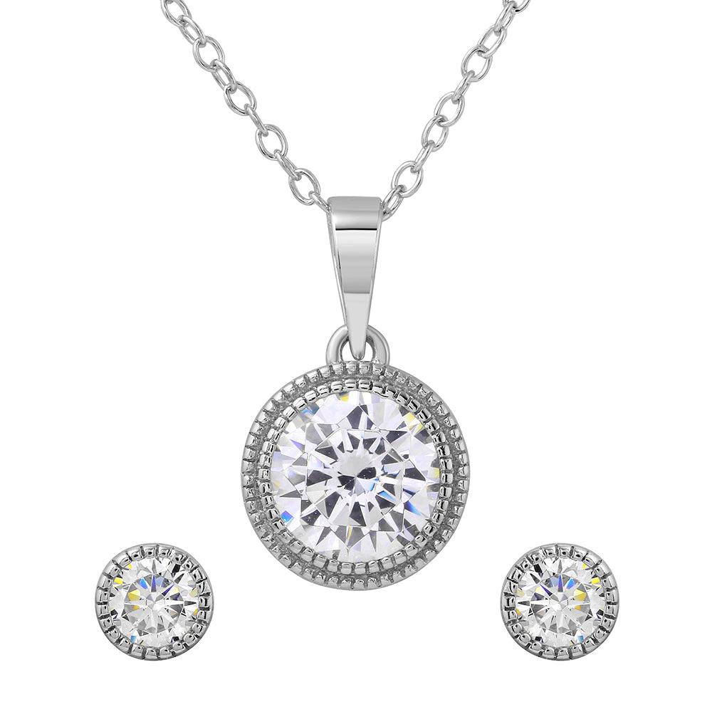 Silver 925 Rhodium Plated Round CZ Earring and Necklace Set - BGS00483