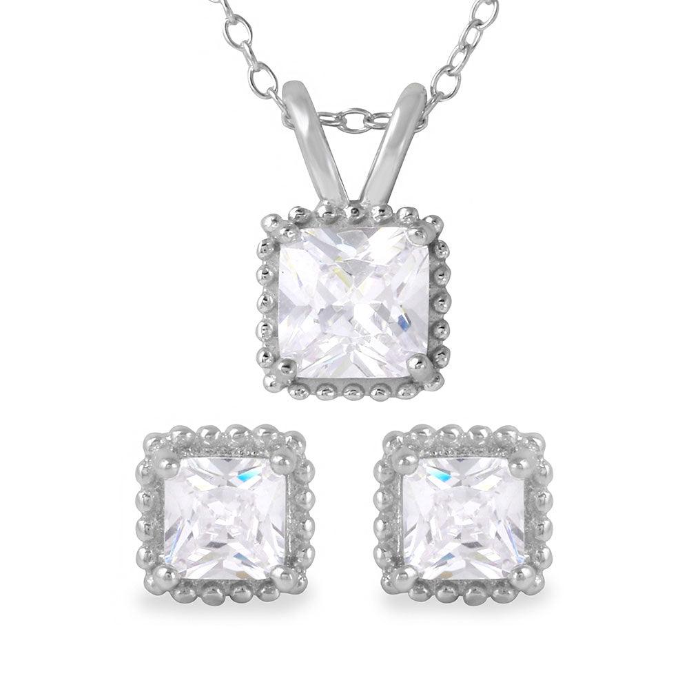 Silver 925 Rhodium Plated Square CZ Earrings and Necklace Set - BGS00484