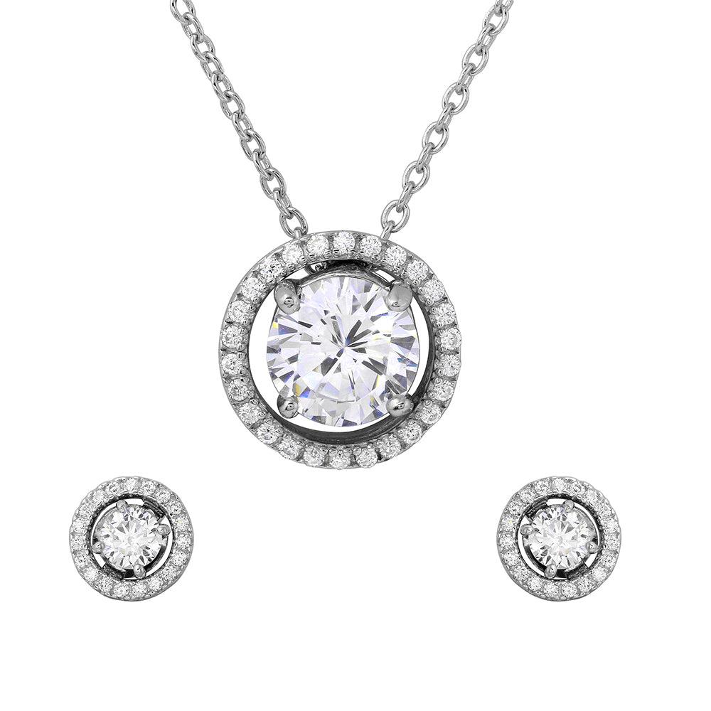 Silver 925 Rhodium Plated Halo CZ Round Earrings and Necklace Set - BGS00485