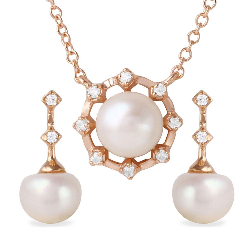 Silver 925 Rose Gold Plated Fresh Water Pearl Set - BGS00486