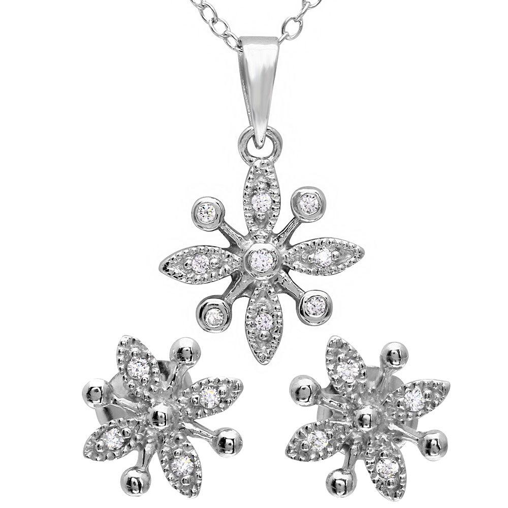 Rhodium Plated 925 Sterling Silver CZ Flower Set -  BGS00488