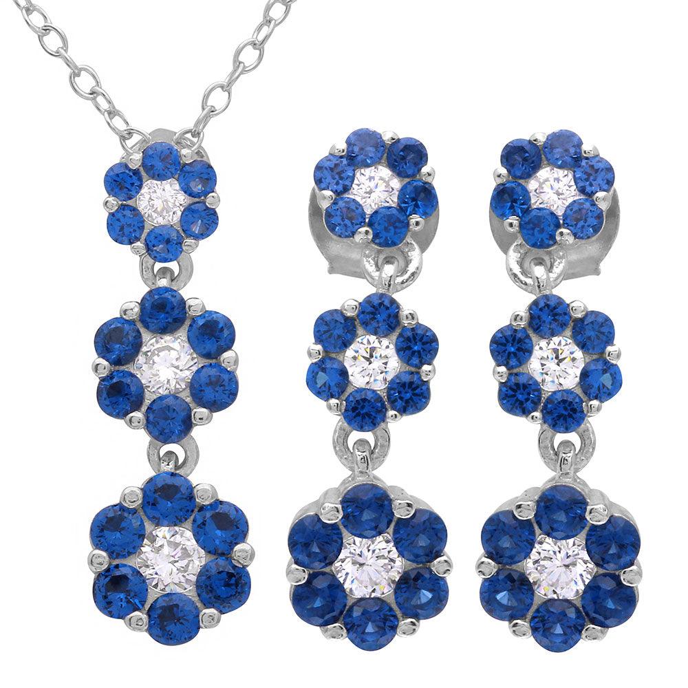 Rhodium Plated 925 Sterling Silver 3 Drop Blue CZ Flower Set - BGS00489BLU