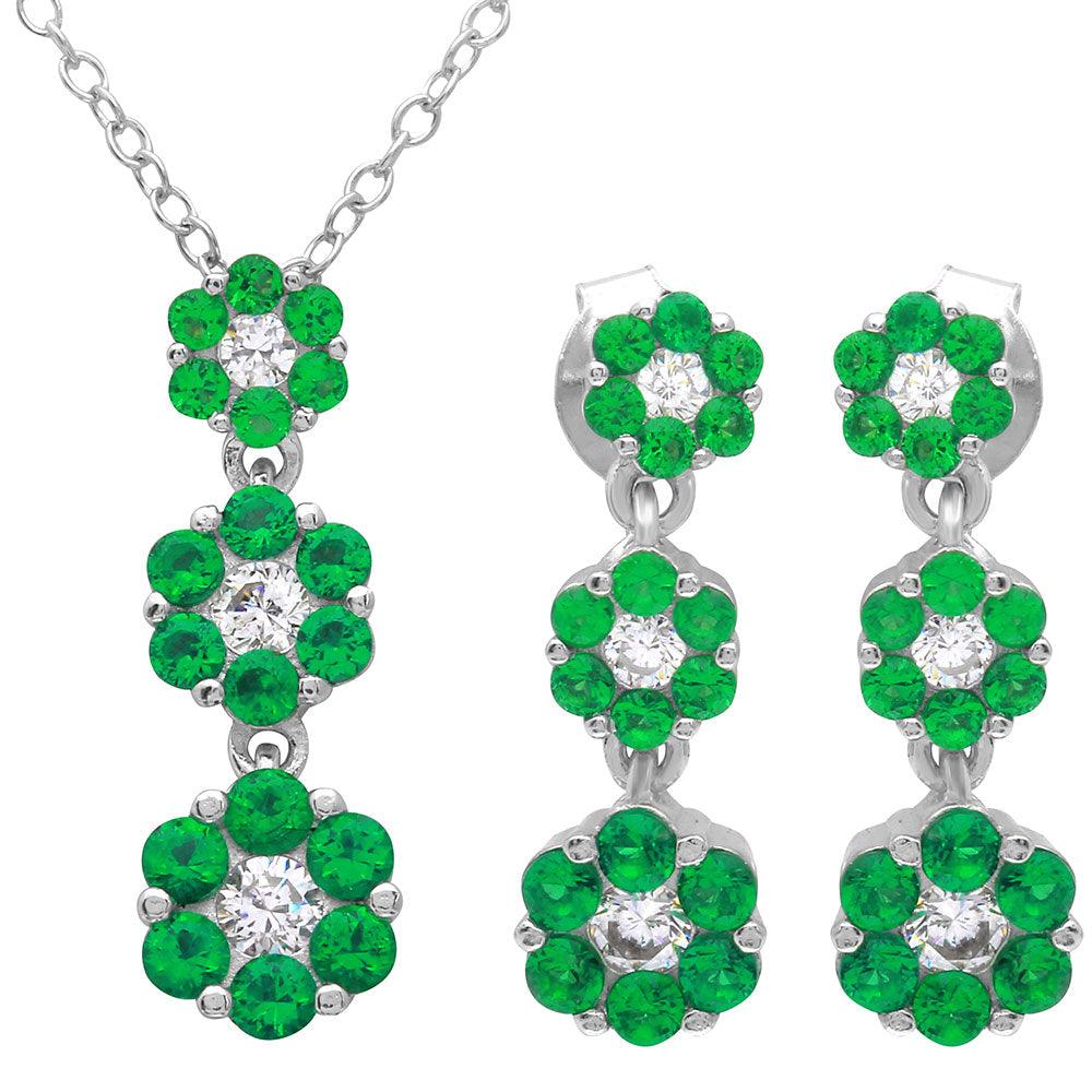 Rhodium Plated 925 Sterling Silver 3 Drop Green CZ Flower Set - BGS00489GRN