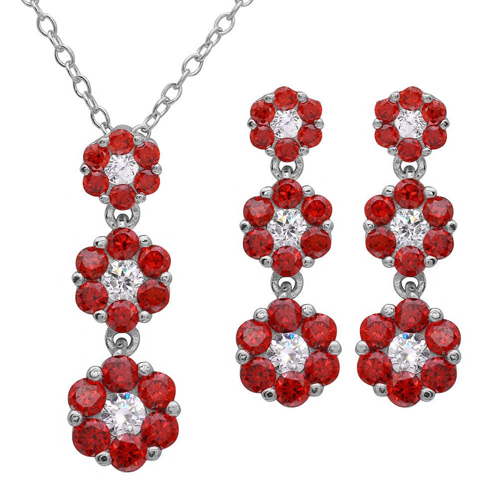 Rhodium Plated 925 Sterling Silver 3 Drop Red CZ Flower Set - BGS00489RED