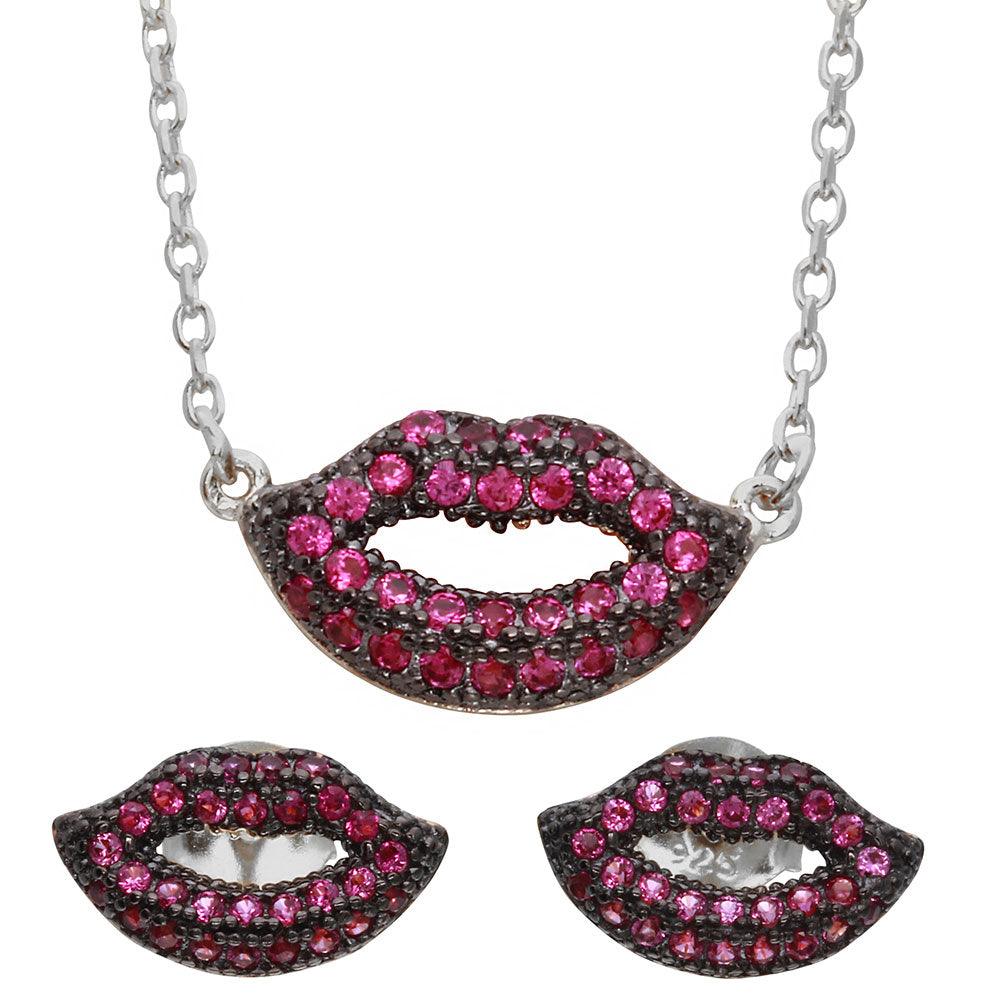 Rhodium Plated 925 Sterling Silver Pink CZ Lips Set - BGS00490RHD