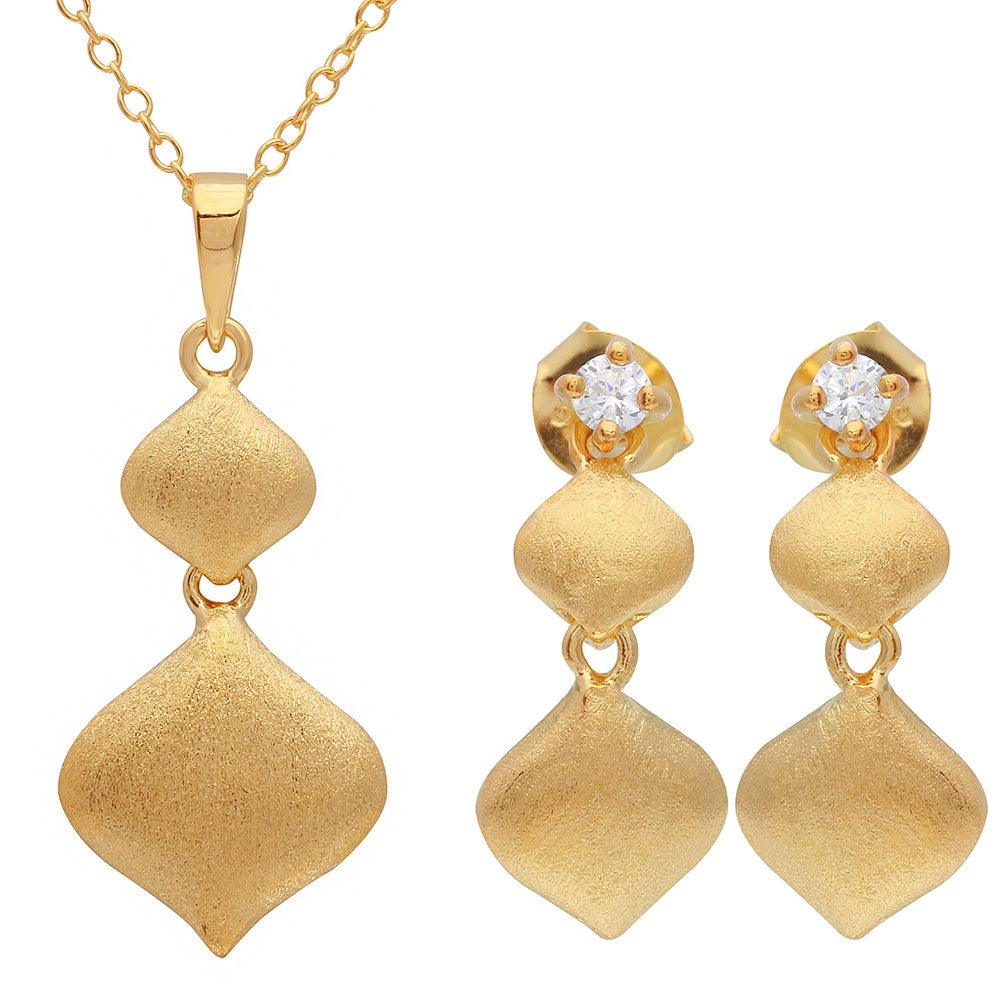 Gold Plated 925 Sterling Silver Matte Finish Double Drop Diamond Shape Set - BGS00491