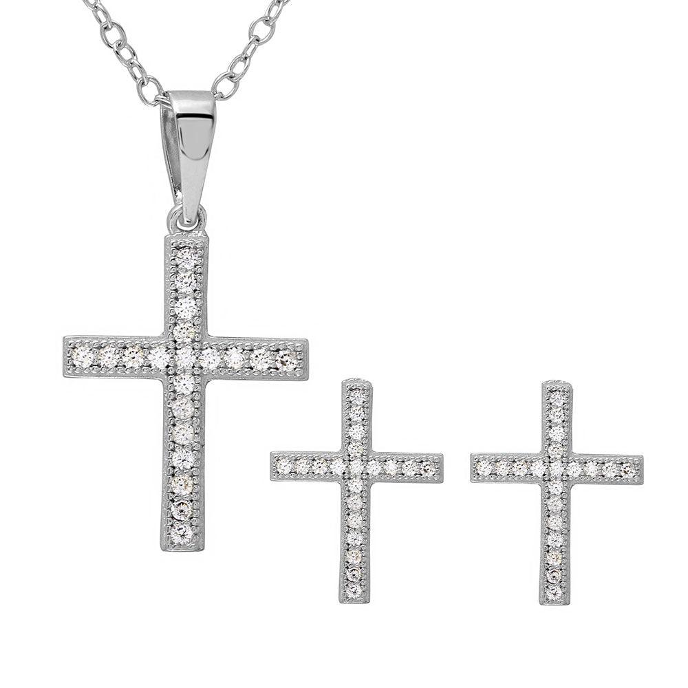 Rhodium Plated 925 Sterling Silver CZ Cross Set - BGS00494