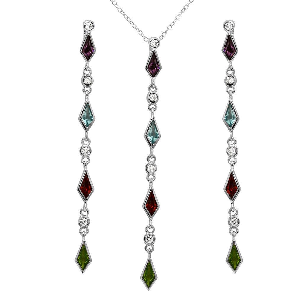 Rhodium Plated 925 Sterling Silver Multi Color CZ Drop Set - BGS00497