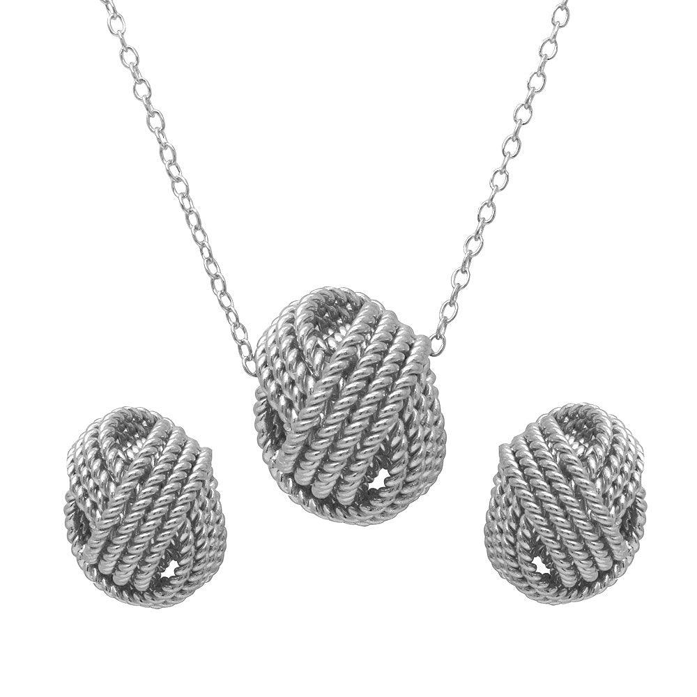 Rhodium Plated 925 Sterling Silver Rope Knot Earrings and Necklace Set - BGS00498RHD