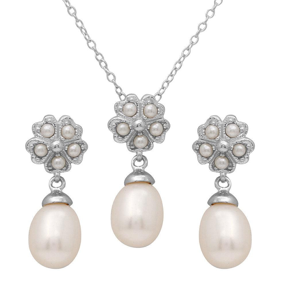 Rhodium Plated 925 Sterling Silver Clover Leaf Fresh Water Pearl Set - BGS00499