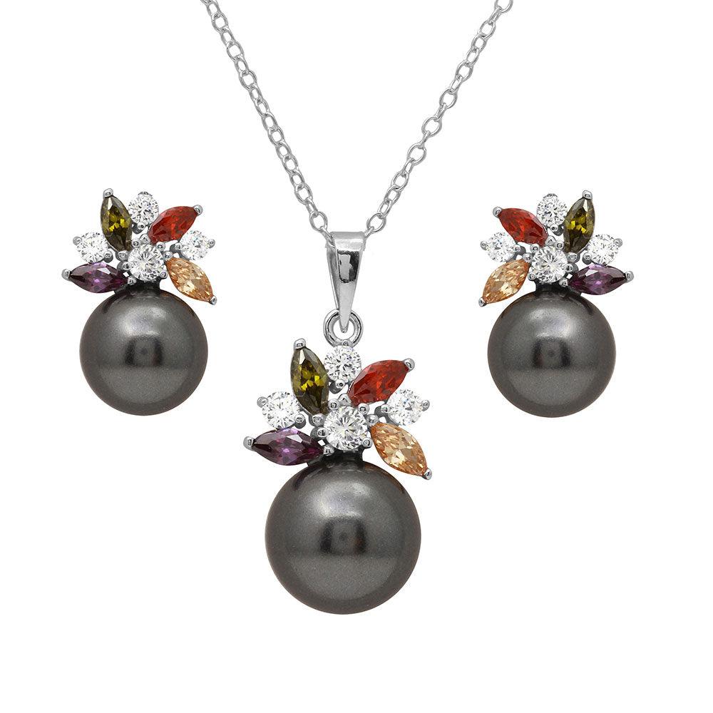 Rhodium Plated 925 Sterling Silver Multi CZ Flower Set with Synthetic Black Pearl - BGS00500