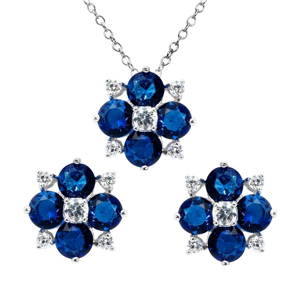 Rhodium Plated 925 Sterling Silver Blue Flower CZ Sets - BGS00507BLU