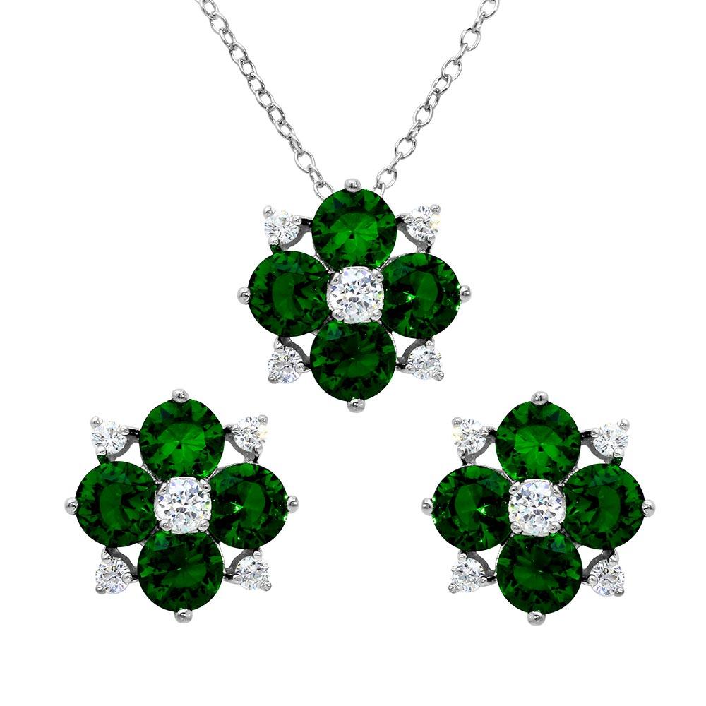 Rhodium Plated 925 Sterling Silver Green Flower CZ Sets - BGS00507GRN