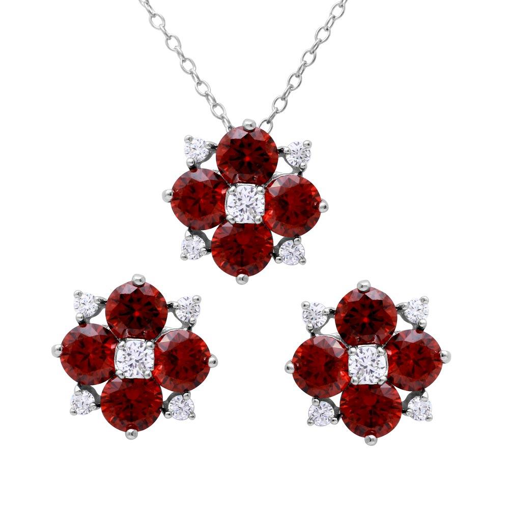 Rhodium Plated 925 Sterling Silver Red Flower CZ Sets - BGS00507RED