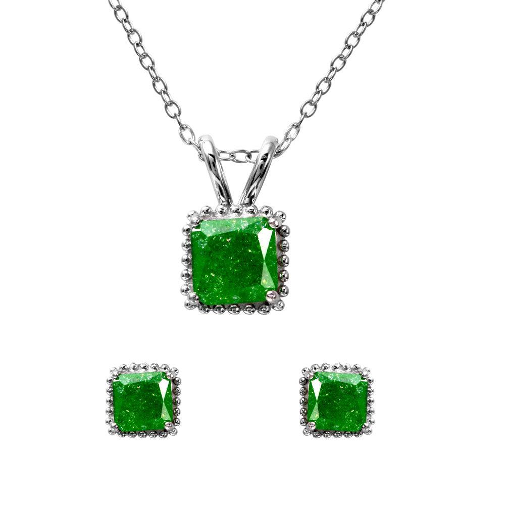 Rhodium Plated 925 Sterling Silver Square Green Opal Set - BGS00509