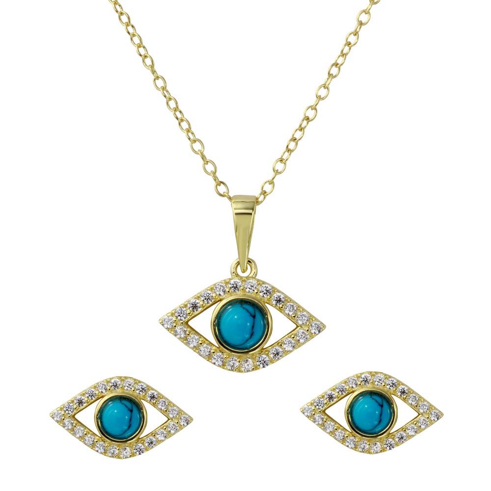 Gold Plated 925 Sterling Silver Evil Eye Set with Turquoise Bead and CZ - BGS00513