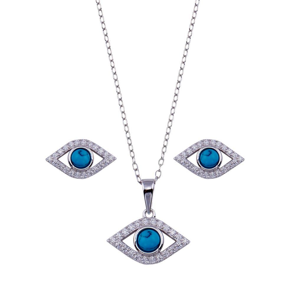 Rhodium Plated 925 Sterling Silver Clear CZ Turquoise Evil Eye Set - BGS00513RHD