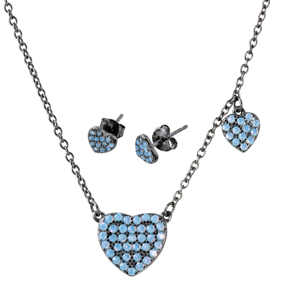 Black Rhodium Plated 925 Sterling Silver Light Blue Opal Heart Set - BGS00515