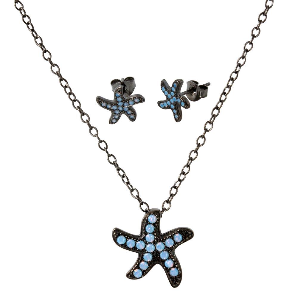 Black Rhodium Plated 925 Sterling Silver Light Blue Opal Starfish Set - BGS00516