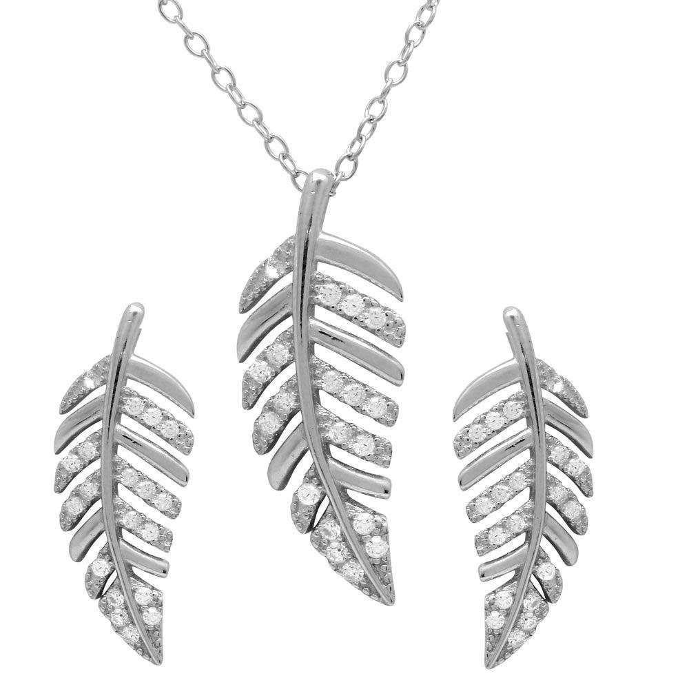 Rhodium Plated 925 Sterling Silver Outline Leaf with CZ Set - BGS00518