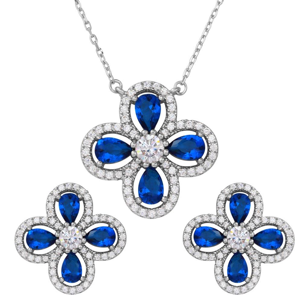 Rhodium Plated 925 Sterling Silver 4 Leaf Clover with Blue Teardrop and Clear Round CZ - BGS00519BLU